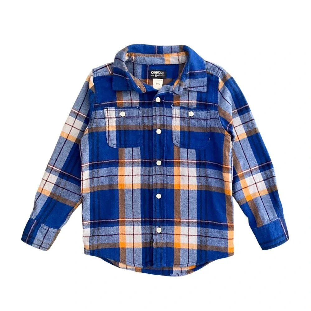 Lot of 2 Boys Shirts OshKosh Flannel Blue Cherokee‎ Plaid Cotton Long Sleeve 6 7